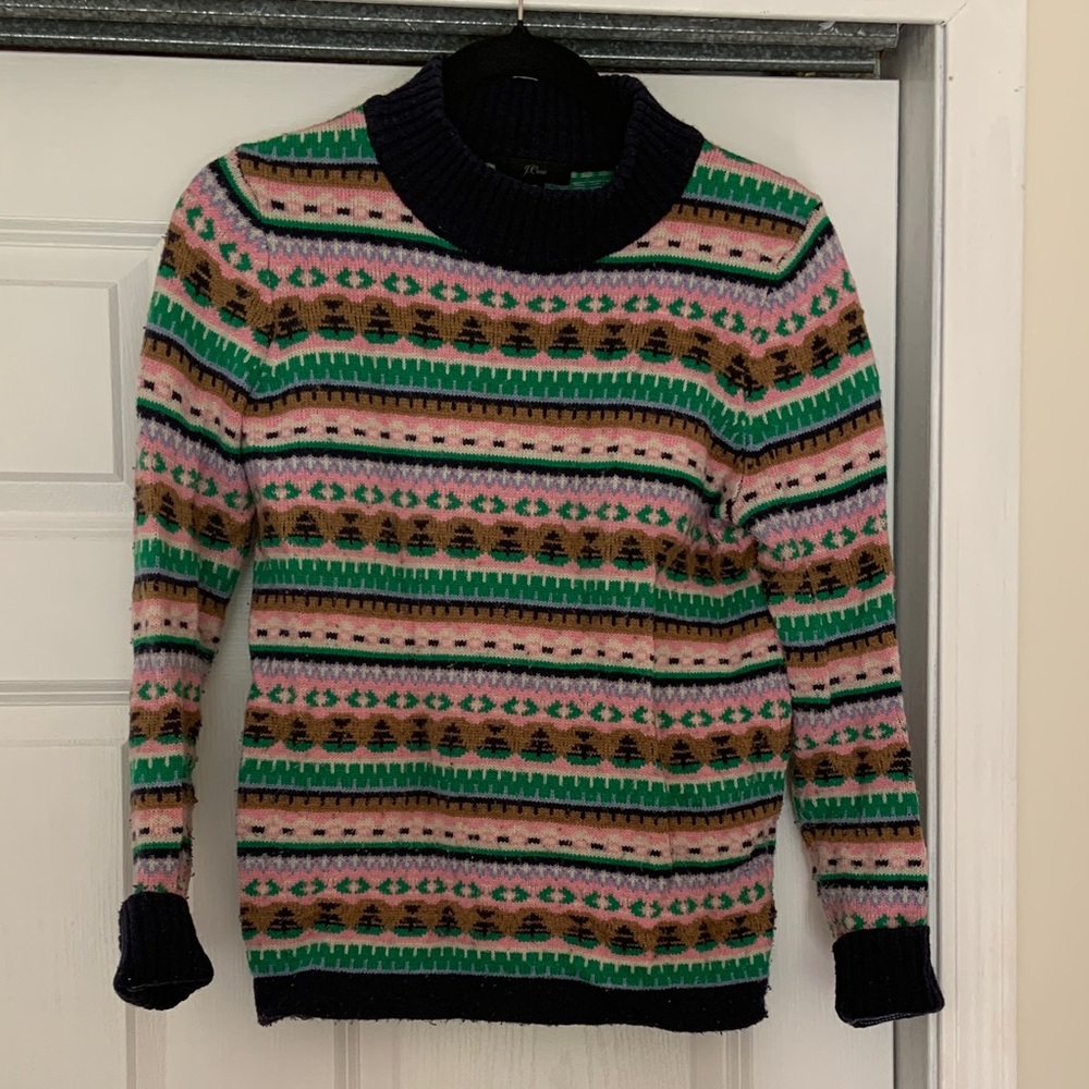 J. Crew Pink, Green & Navy Fair Isle Crewneck Sweater
